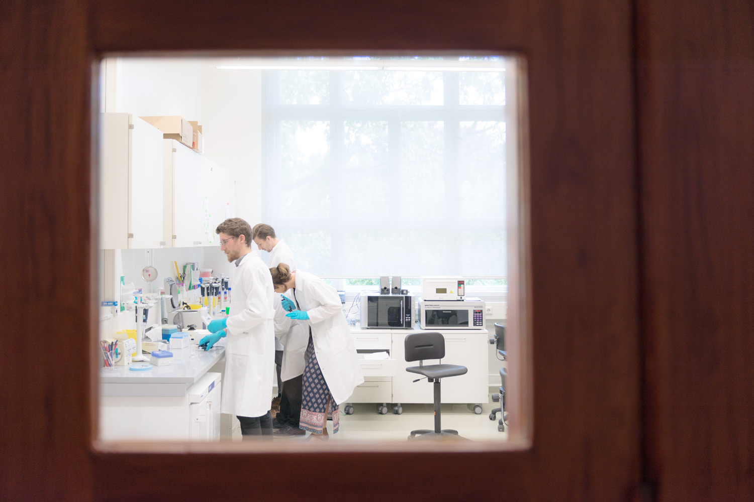 Blick durch eine Tür in ein Forschungslabor